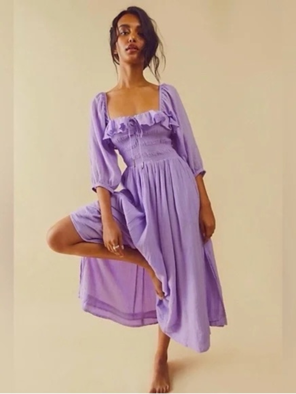 Free People Oasis Midi Dress Lilac Purple Smocked Gauze Cotton M